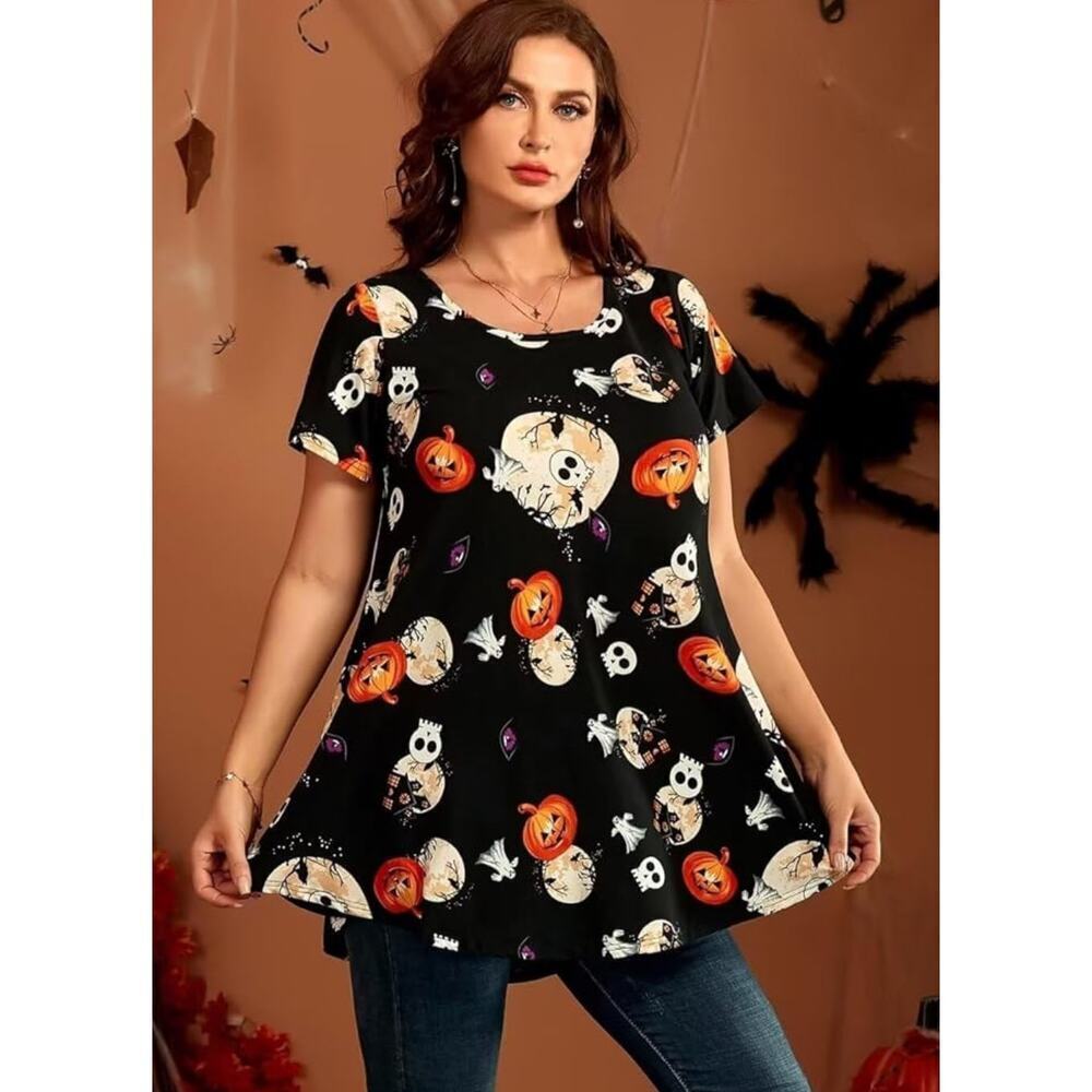 Larace Skull Halloween Short Sleeve Loose Fit Flare Swing Tunic Size: small